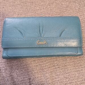 Coach Teal Leather Foldover Wallet with Gold Logo